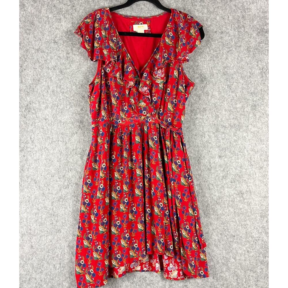 Anthropologie‎ Maeve Rosalia Wrap Dress Womens 14 Red Floral Ruffle Flowy Boho